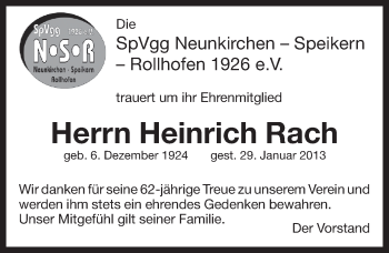Traueranzeige von Heinrich Rach von Pegnitz-Zeitung